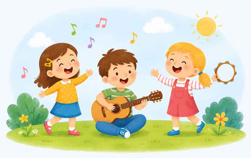 Drei fröhliche Kinder singen, spielen Gitarre und Tamburin